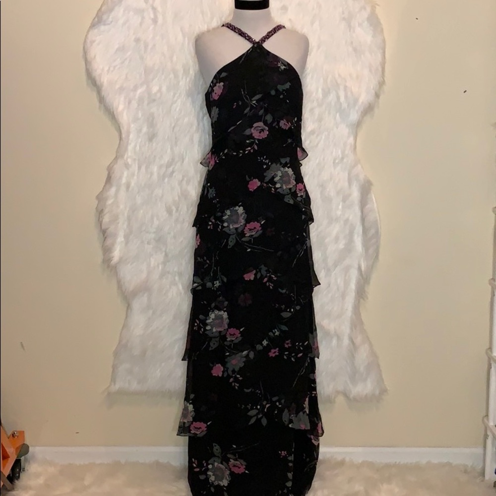 Dolce Jovani Floral Ruffle Long Dress